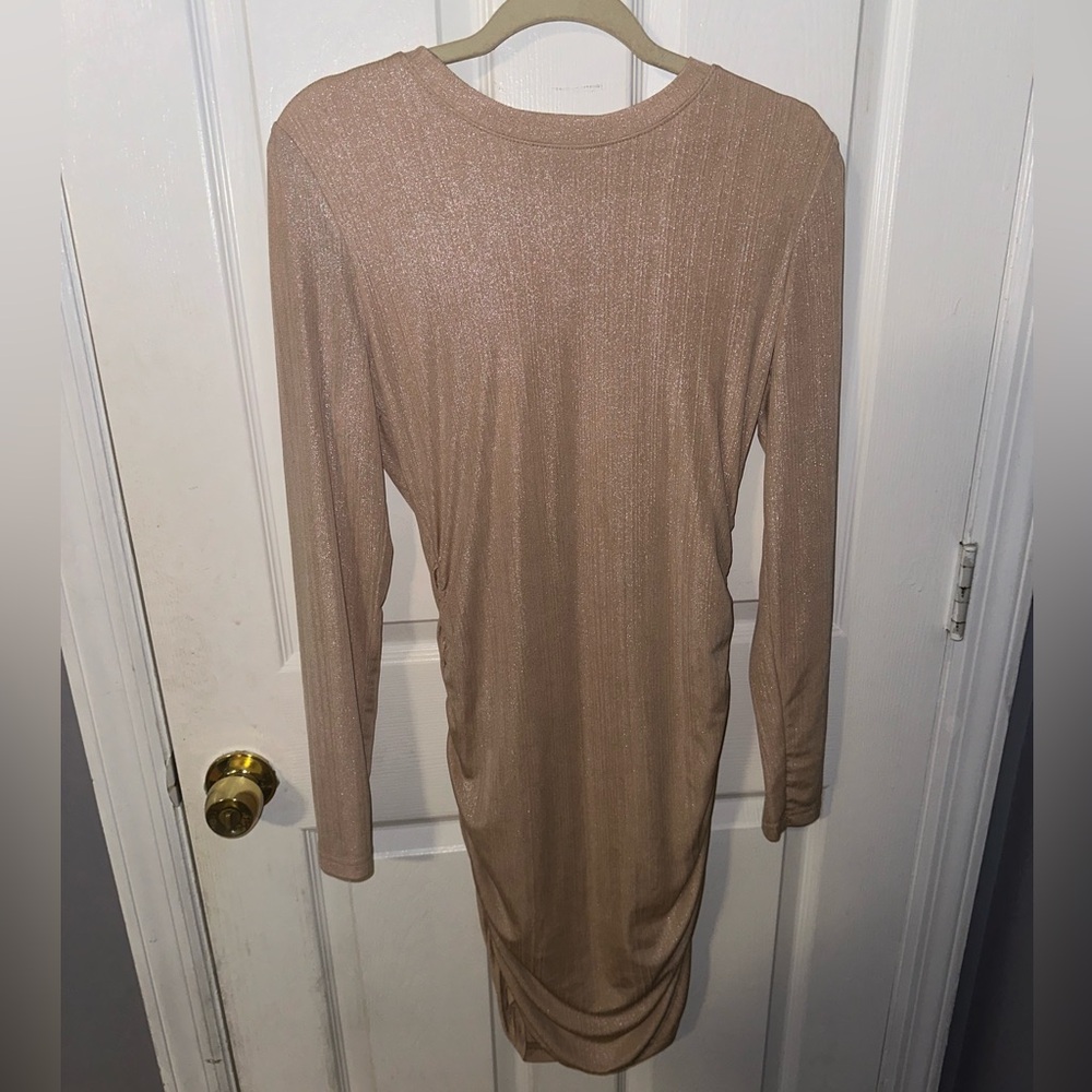 Shimmery champagne colored long sleeve tight dress - size L